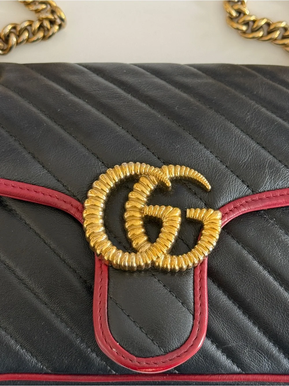 Gucci GG Marmont Medium Diagonal Black Bag Burgundy Trim Gold Hardware
